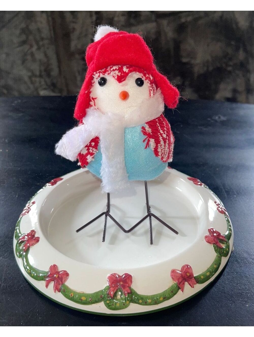 Christmas Bird Figurine with Red Hat and Fluffy Scarf